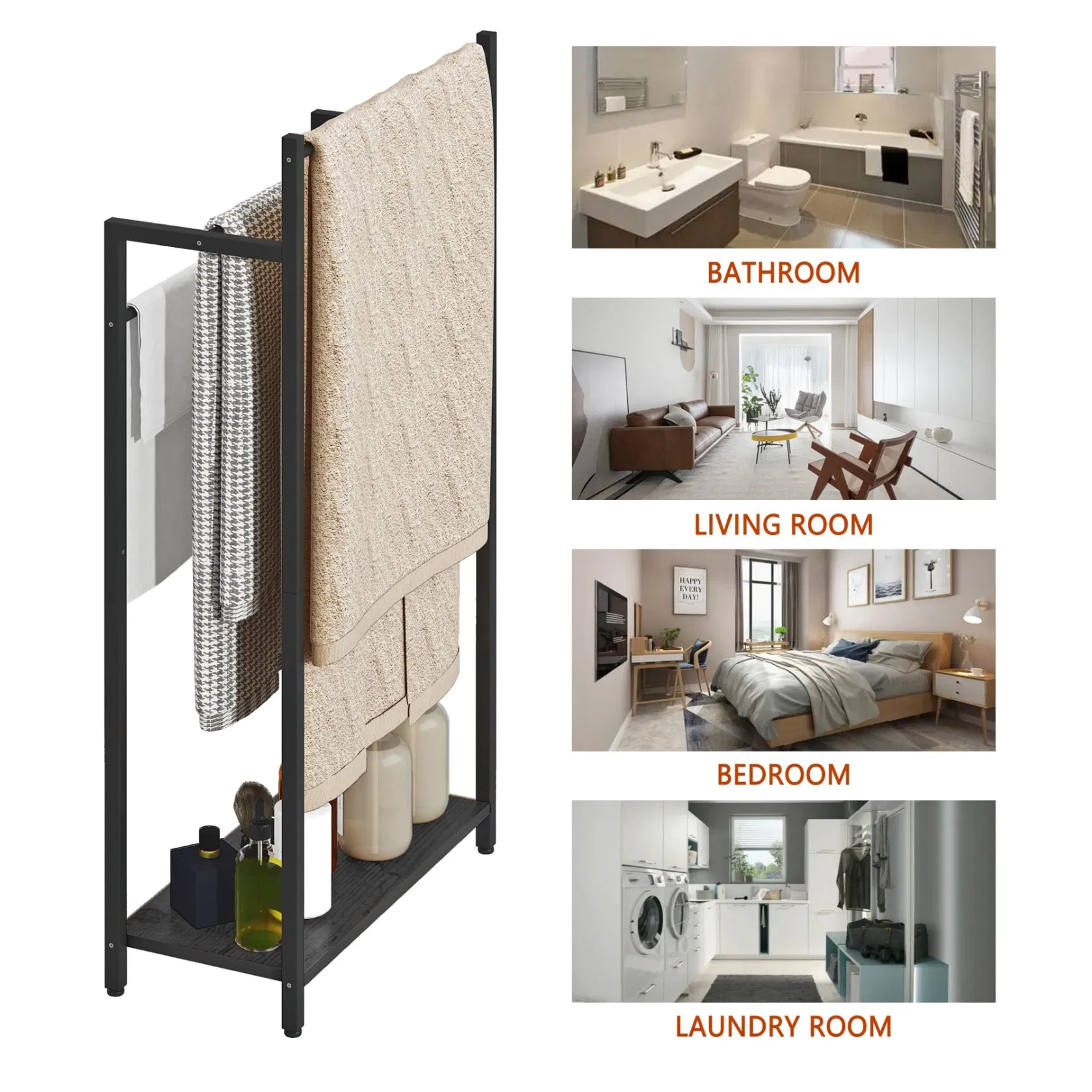 3 Tier Wooden Metal Freestanding Towel Stand Blanket Ladder Shelf for Bathroom Living Room