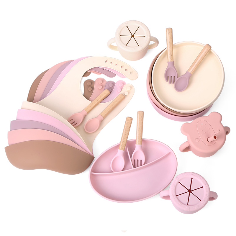 BPA Free Eco-Friendly Plate Silicone Baby Feeding Set with Suction Cup Bib
