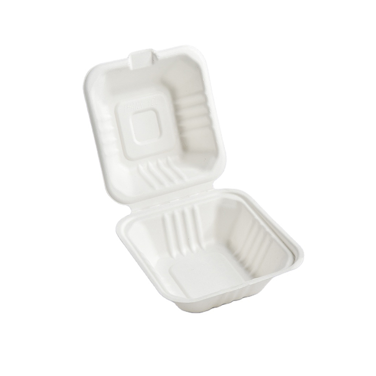 8X8X3" Compostable 3-Compartment Clamshell Sugarcane Bagasse Pulp Hinged Food Container