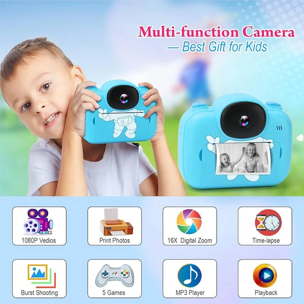 3.5 Inch Cartoon Kids Digital Camera HD Screen Video Recorder Instant Print Camera Gift - Light Blue