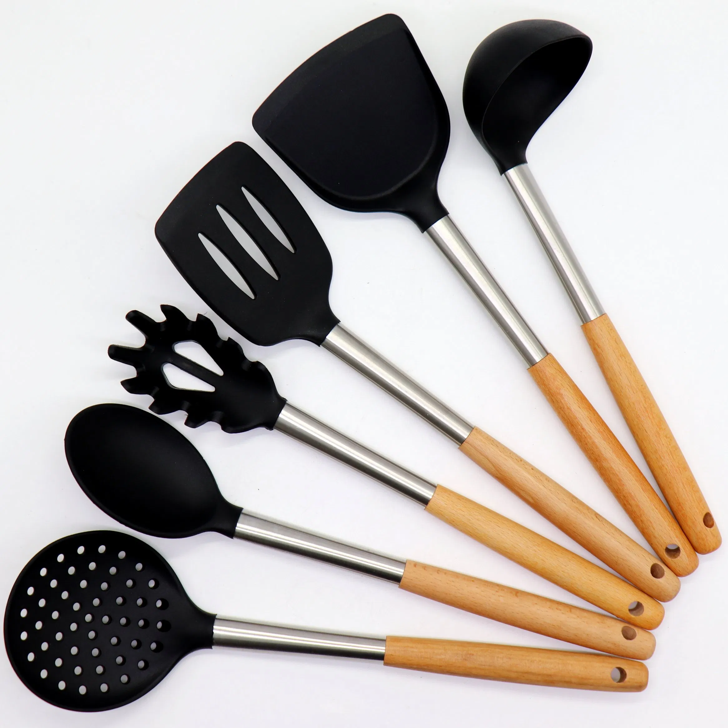6 PCS Non-Stick Cooking Silicone Utensils Set with Wooden Handle