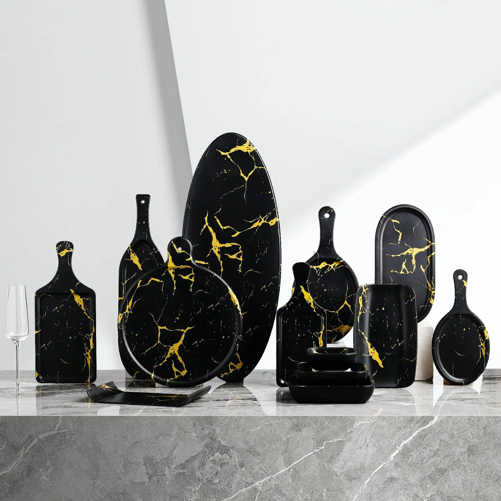 Wholesale Luxury Nordic Melamine 12PCS Tableware Set Restaurant Home Plastic Dinner Set Marbling Tableware Sets