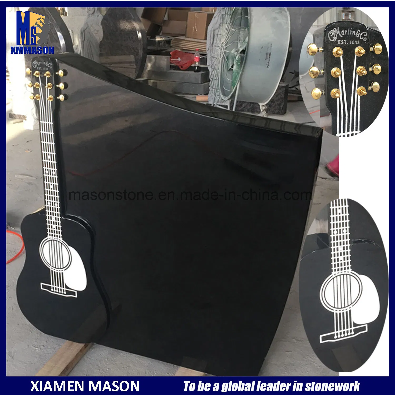Guitar Design Headstone in Shanxi Black Granite