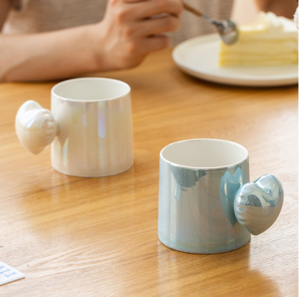 High Quality Creative Heart Shaped Handle Ceramic Mug Pearl Powder Cup