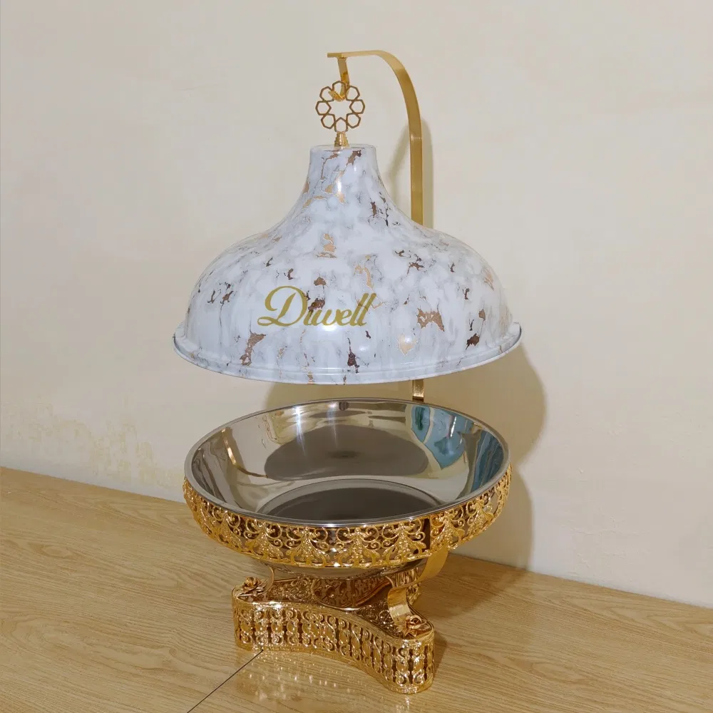 Event Equipment White Marble Food Warmer with Hanging Lid Chaffing Dishes Gold Stand Sheffing Dish Buffet Heating Fuel Catering Serving Chafing Dish