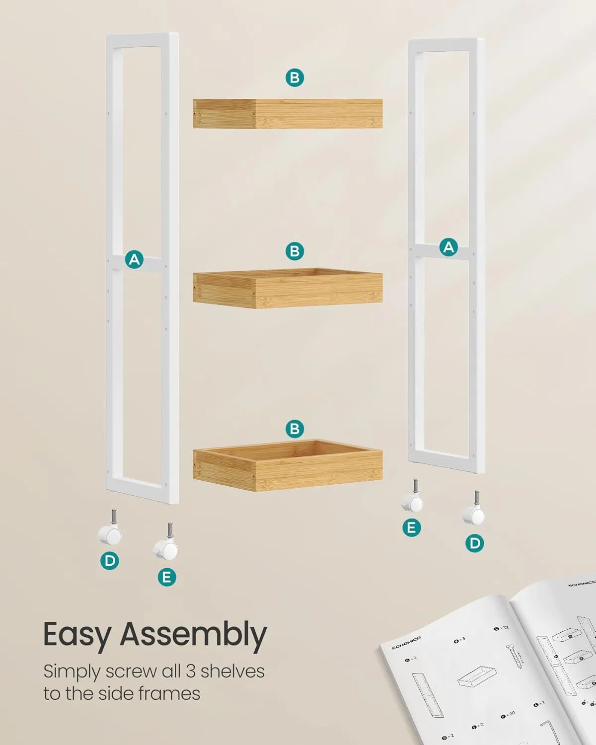Bamboo Living Room, Bedroom, Kitchen, Bathroom, Third Floor with Swivel Wheel Bamboo Storage Rack