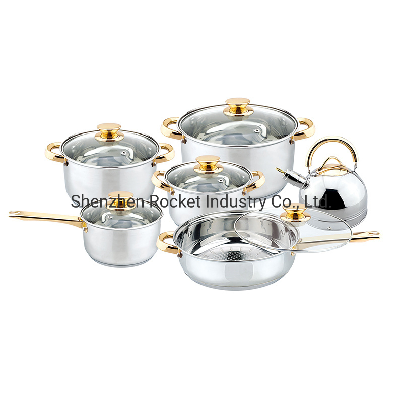 12PCS Golden Handle Stainless Steel Kitchen Ware Non-Stick Cooking Pot Cookware Set