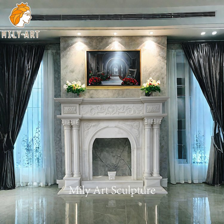 Vintage Villa Interior Hand Carved Beige Marble Column Fireplace Mantels