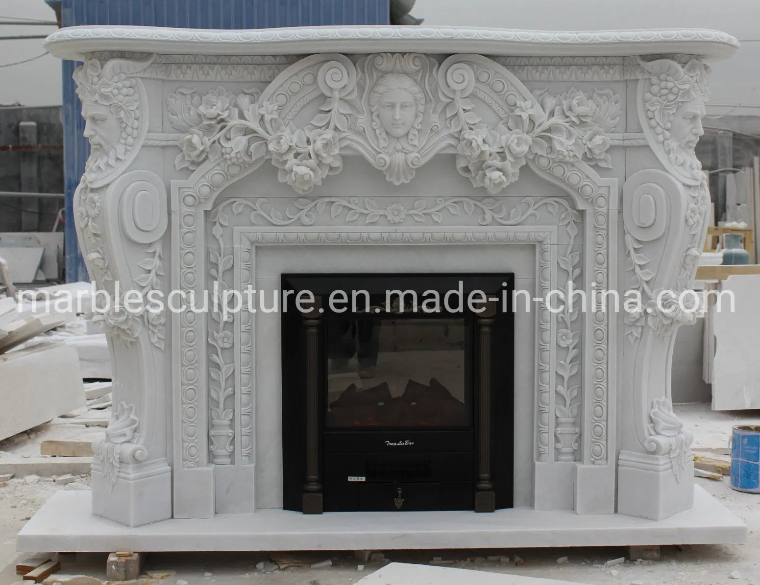 Luxury Elegant White Marble Fireplace Mantel Carved Statues (SYMF-314)