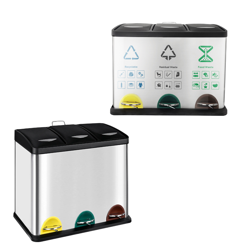 Daosheng 3 Compartments Classified Stainless Steel Trash Can 45L Large Capacity Recycling Garbage Bin Kitchen Pedal Waste Bin