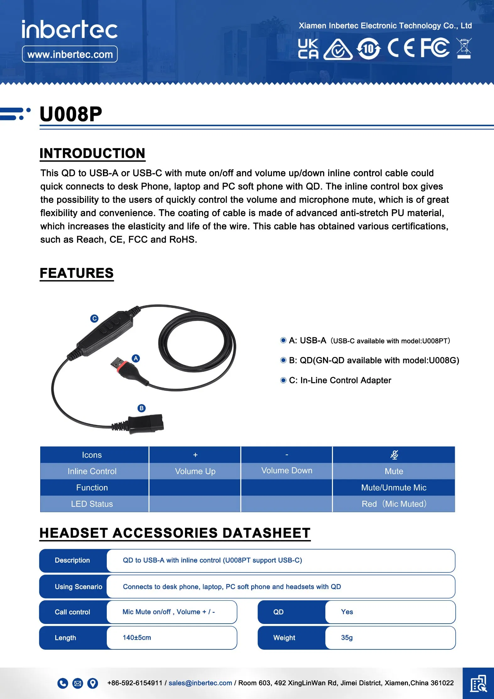 Кабель QD с USB-A и контролем для гарнитур Plantronics