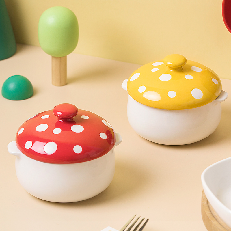Mushroom Tableware Set Cute Ceramic Divider Plate Binaural Stew Soup Bowl