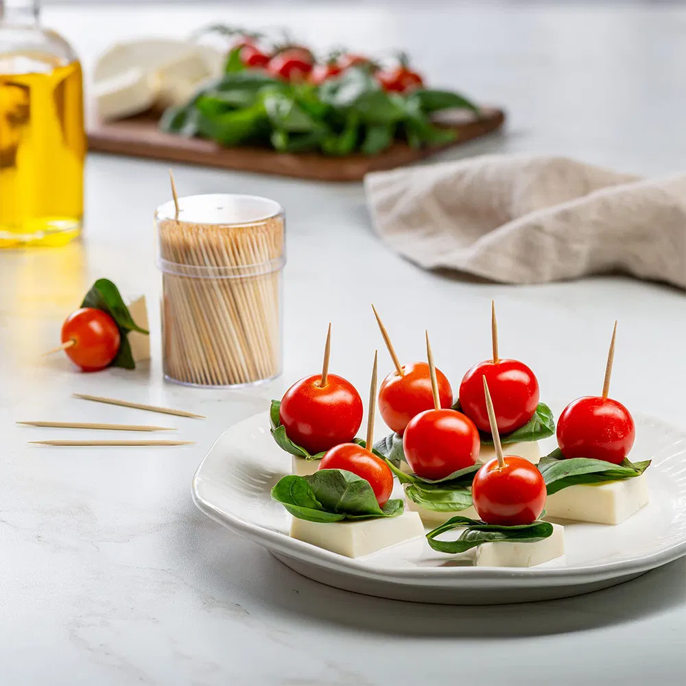 Bamboo Wooden Disposable Toothpicks Round Toothpicks in Clear Plastic Storage Box Sturdy Safe Double Sided Party Appetizer Olive Barbecue