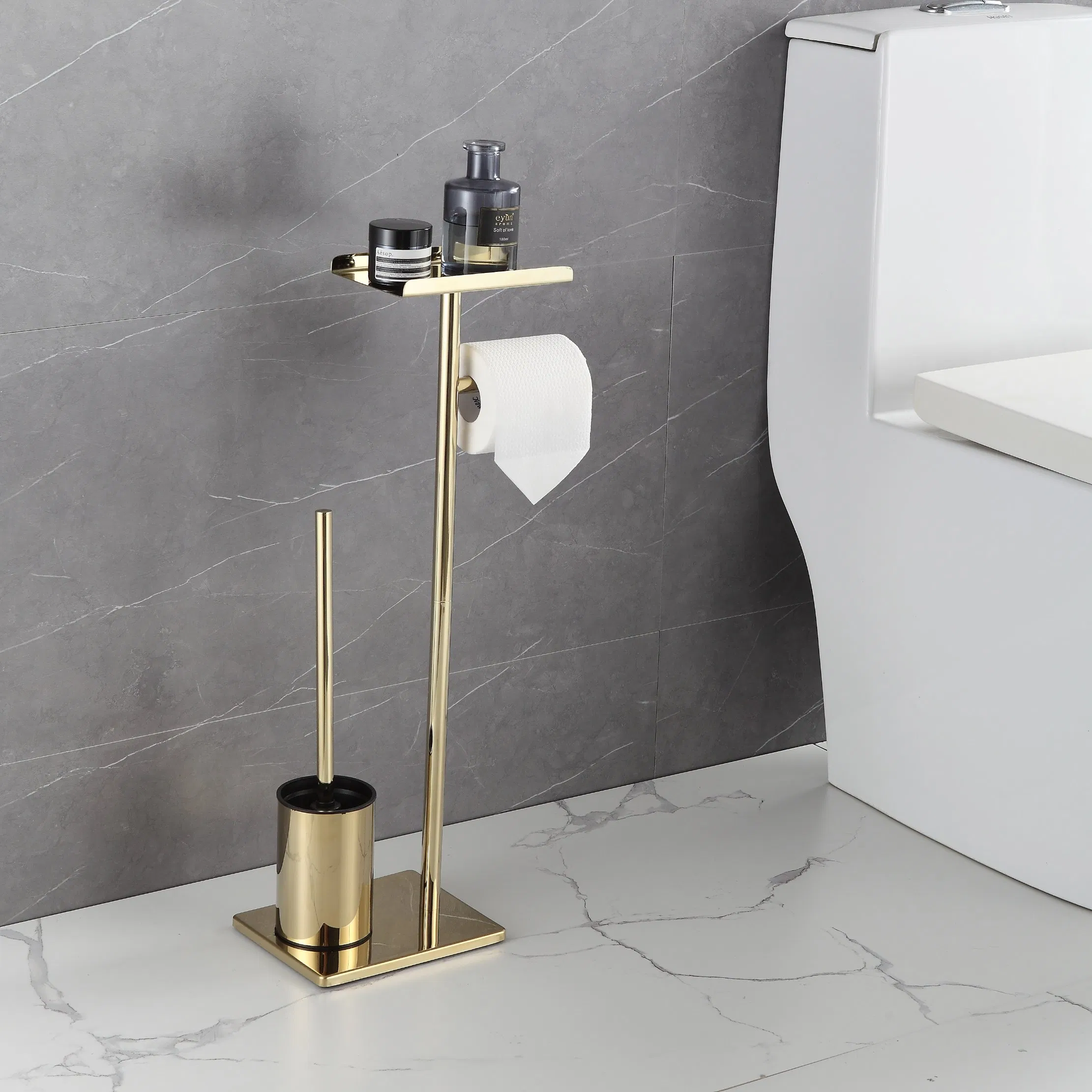 Gold Bathroom 304 Stainless Steel Stand Toilet Brush with Storage Holder