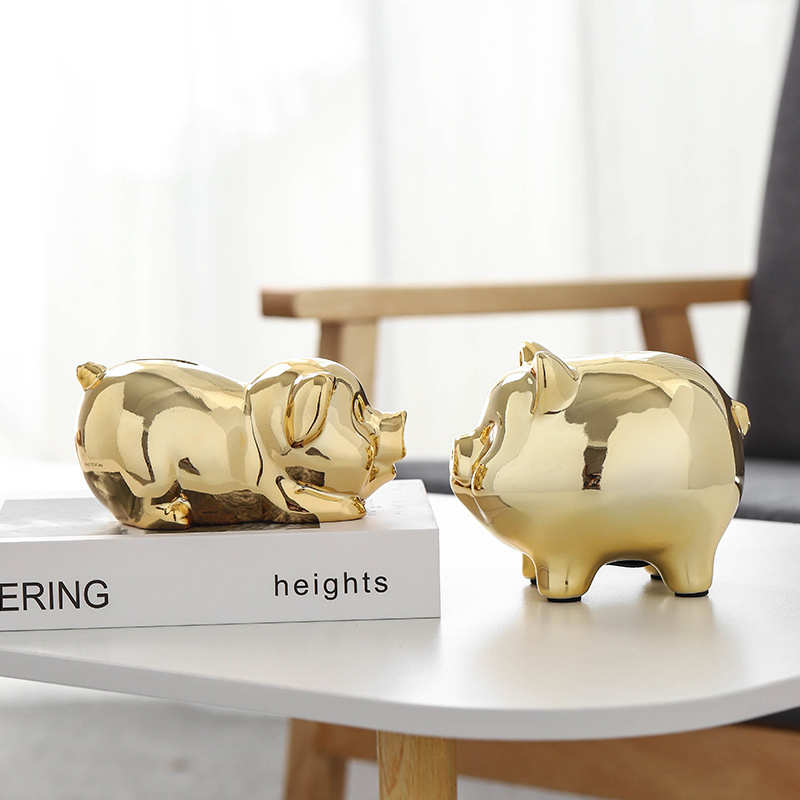Custom Handmade Crafts for Home Decorations Nordic Electroplated Gold Ceramic Piggy Bank