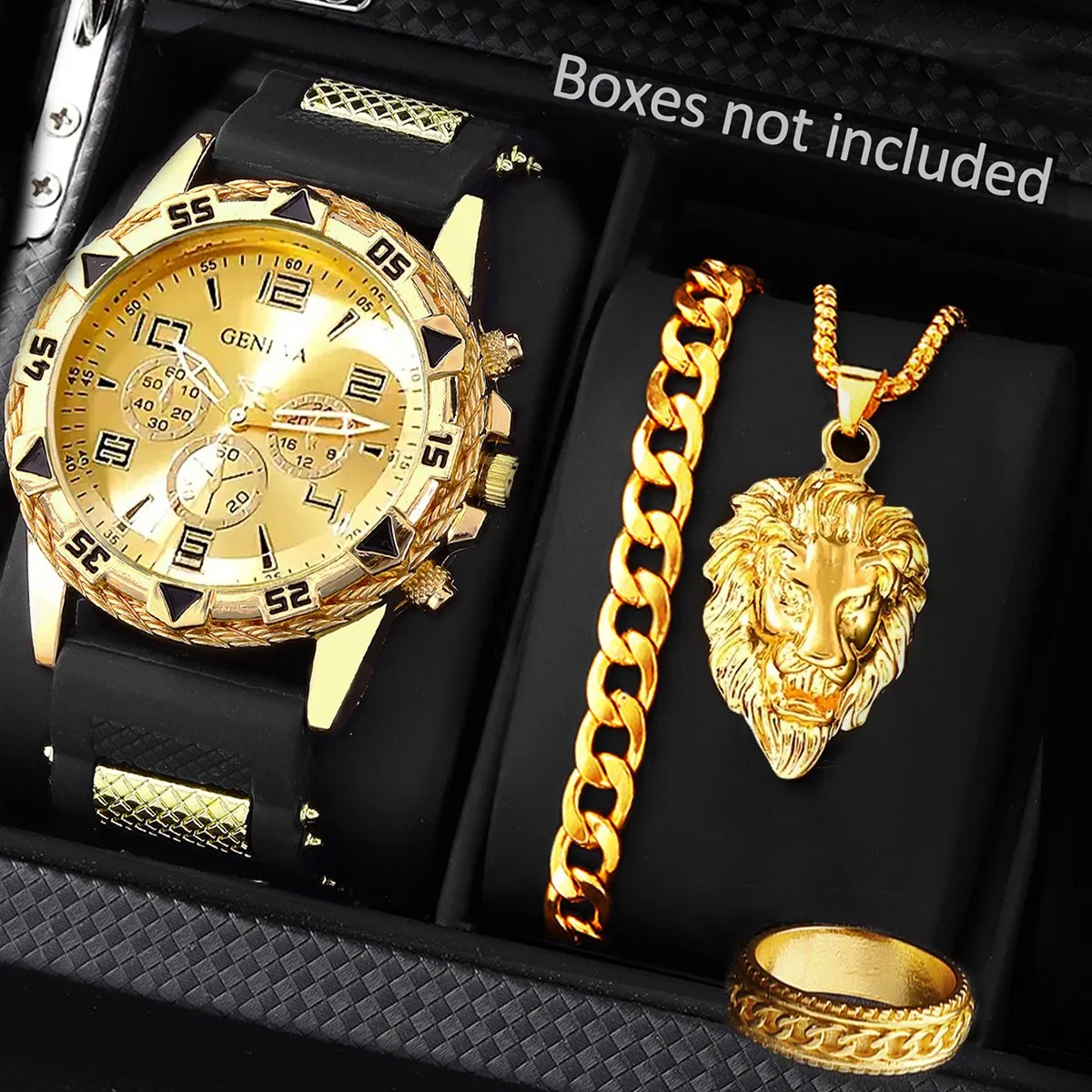 Men Quartz Watch Set Gift Gold Lion Head Necklace