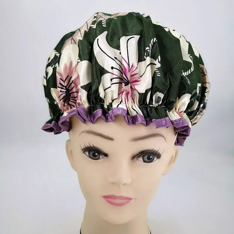 High Quality Greenish Lily Printing Satin Shower Caps