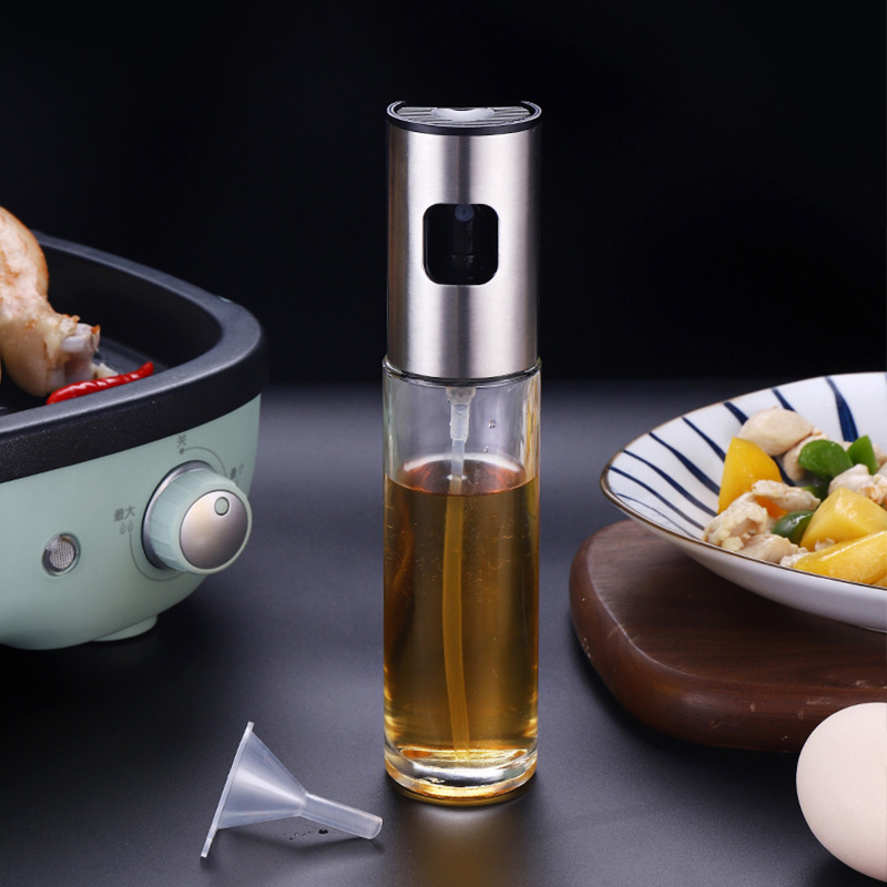 Pump Oil and Vinegar Sprayer Bottle Glass Oil Sprayer Olive Oil Stainless Steel Space Clear Silver Kitchen Custom Cooking Tools