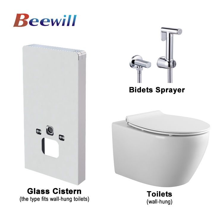 Dual-Flush Bathroom Toilet White Glass Cistern Spray Gun Wc Set