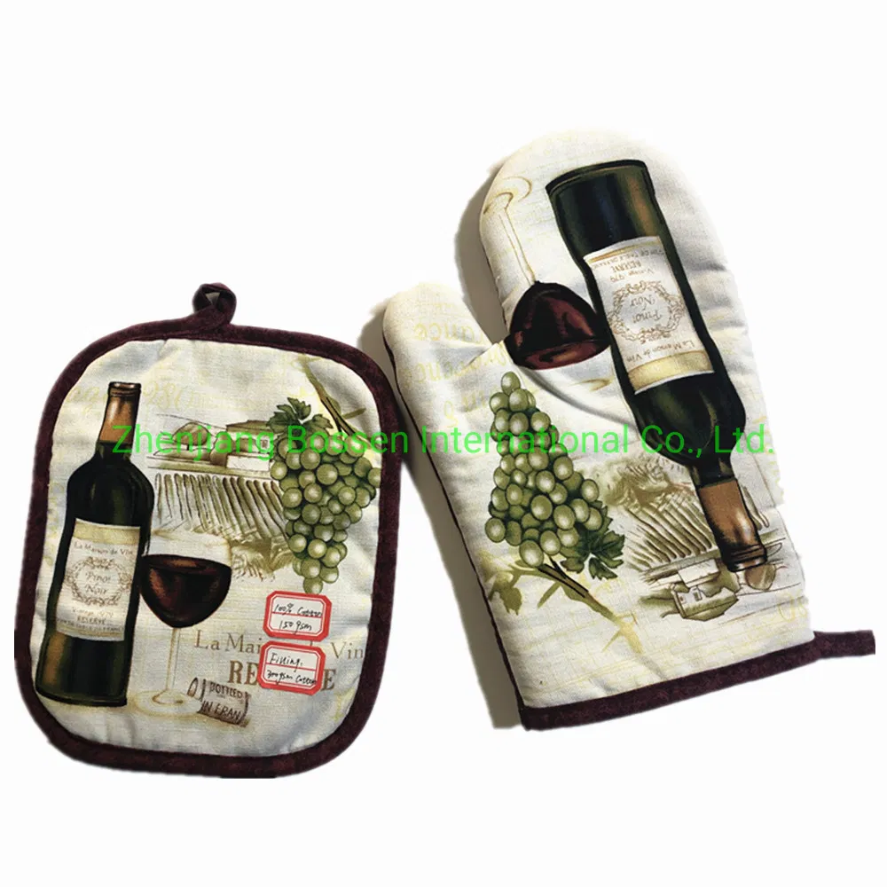 Custom Design Print Polyester Cotton Pot Mat Holder Oven Mitts Kitchen Set