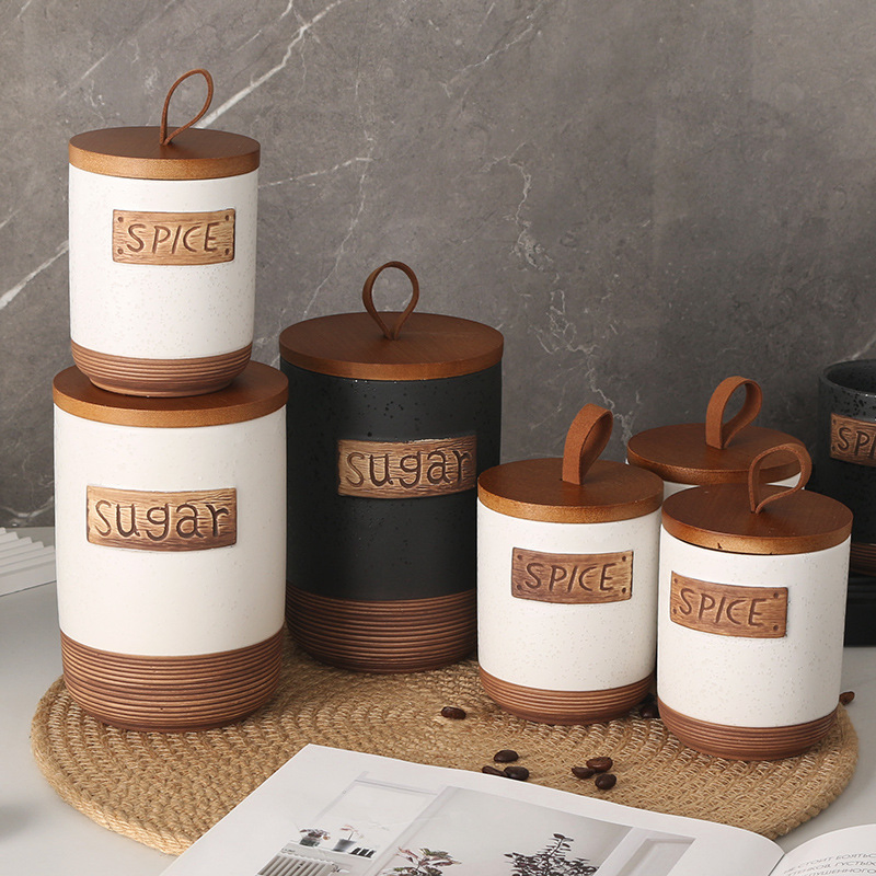 Retro Nordic Style Ceramic Storage Jar Airtight Kitchen Canister 800ml with Bamboo Lid for Tea Coffee Sugar