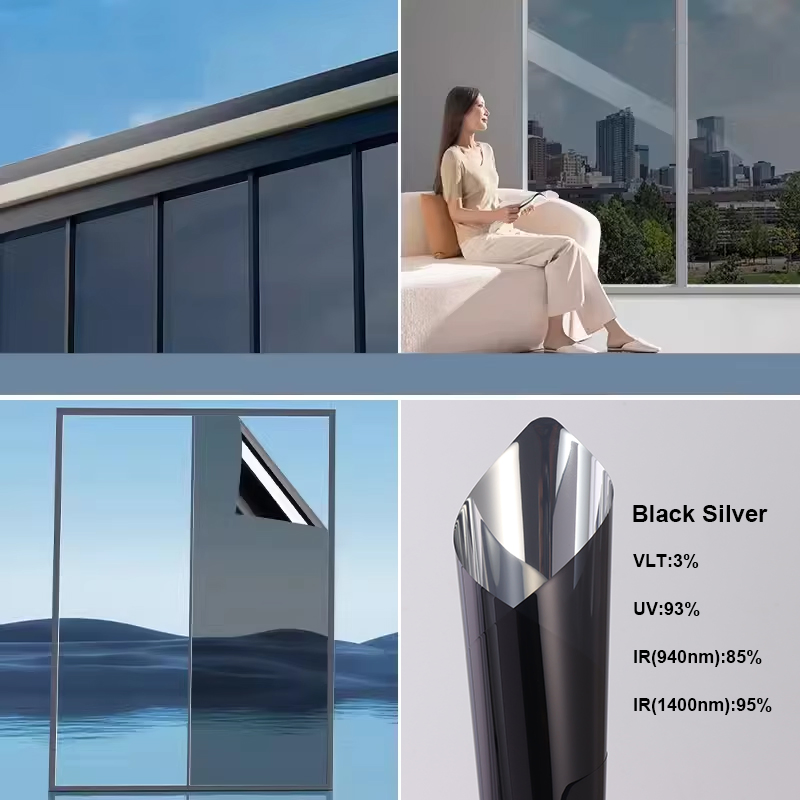 Black Silver UV Blocking One-Way Privacy Decorative Window Building Glass Film