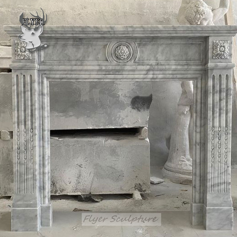 China Factory Wholesale Natural Marble Fireplace Mantel Surround with Stone Carving Flowers