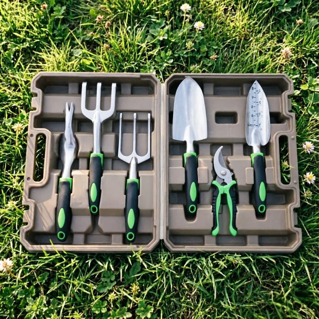 7 Piece Heavy Duty Aluminum Alloy Manual Garden Tools Set with Garden Carrying Box