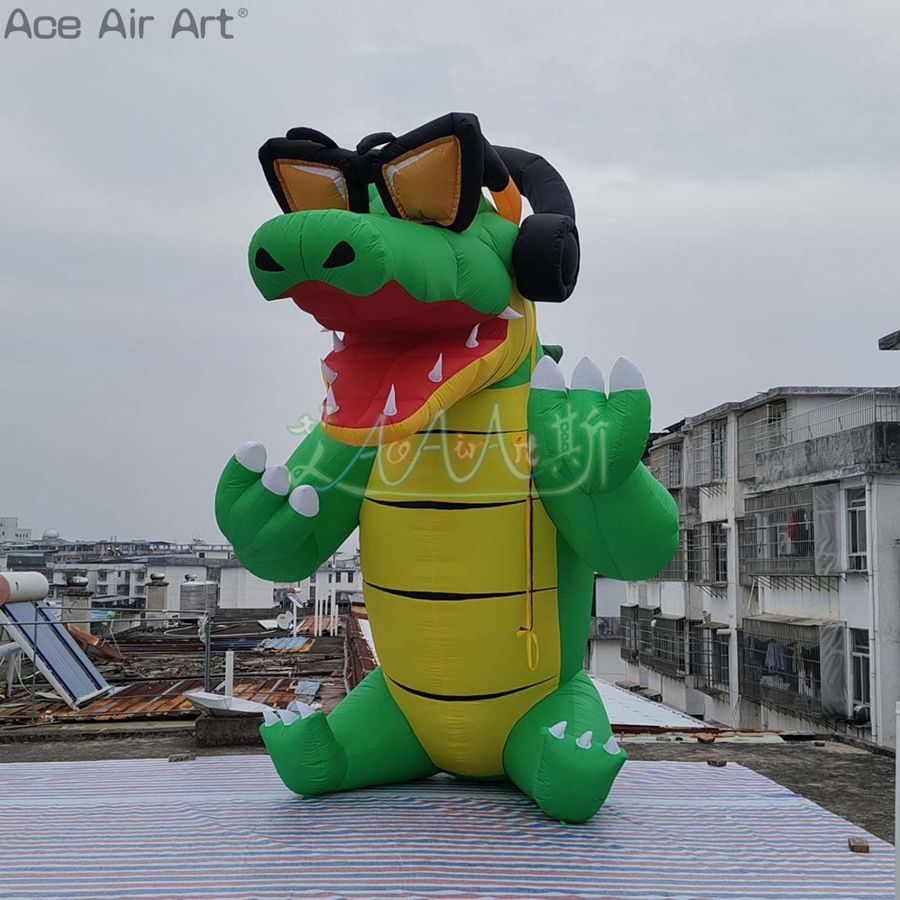 5m H Inflatable Crocodile Cartoon Model Water Animal Wearing Headphones for Festival Decoration or Advertisement