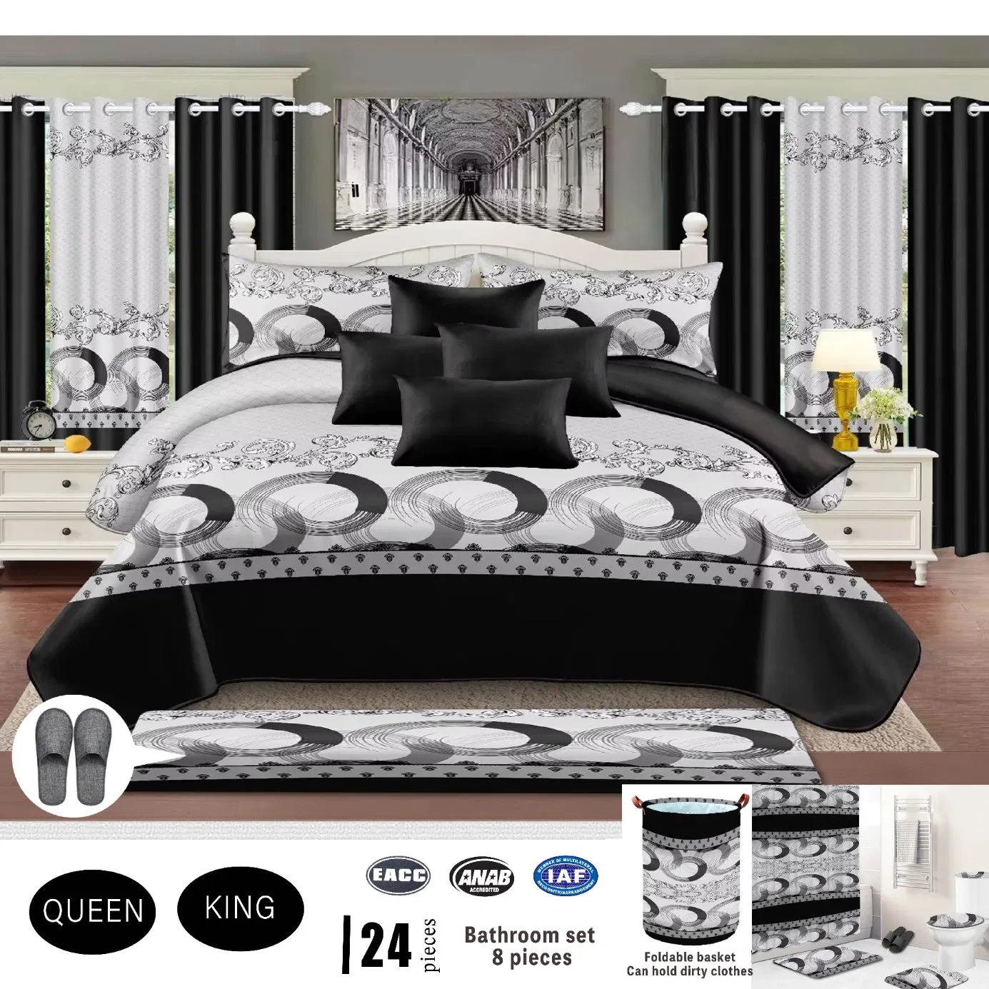 Blue Bathroom 8PCS Suite ODM/OEM Home Textile Printed 24 Pieces Bedding Set Polyester Bed Cover High End Quilted Bed Sheets Bedspread with Curtains Wholesaler