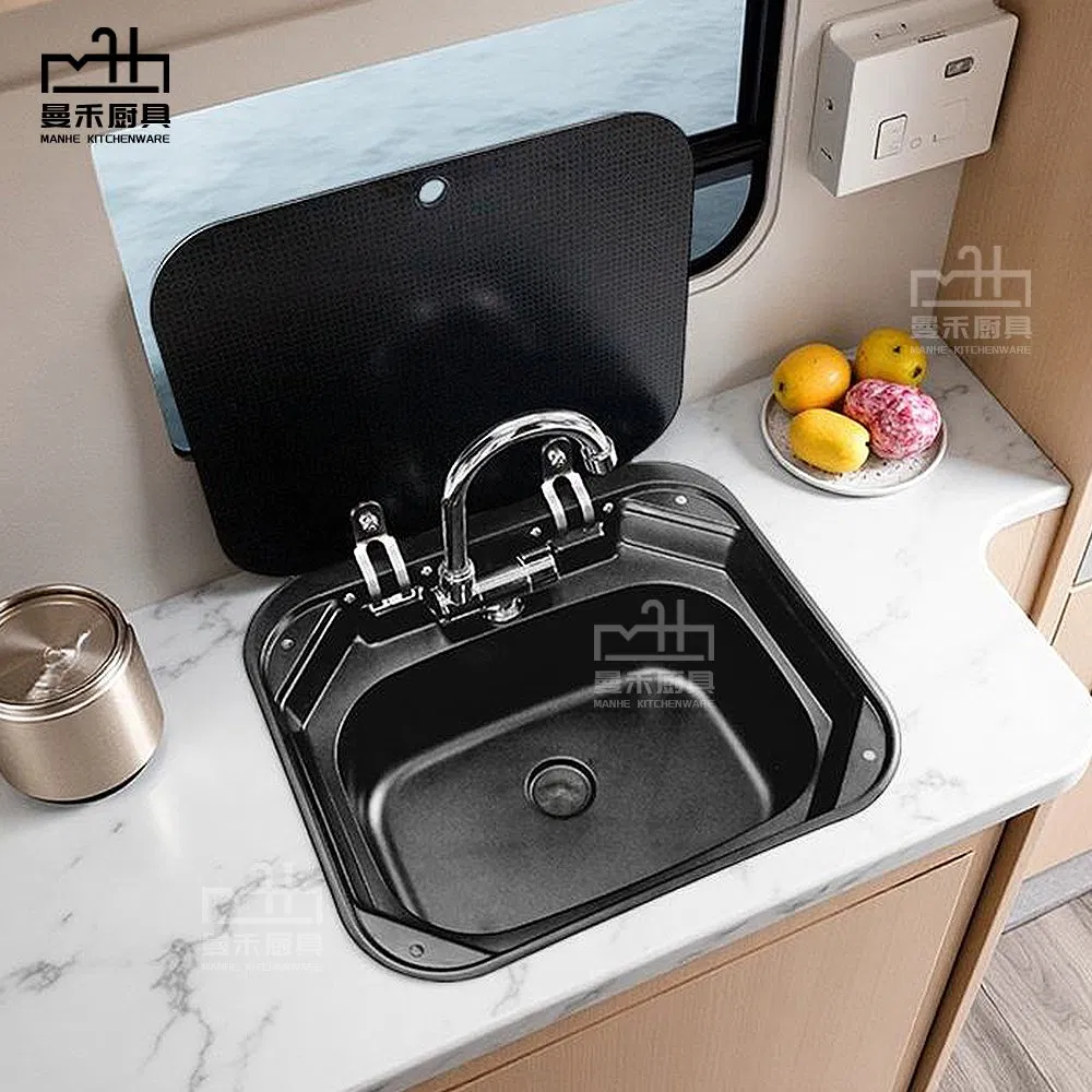 Black RV Caravan or Boat Stainless Steel Hidden Wash Basin Sink with Folded Faucet Tempered Glass Lid Van Camper Trailer