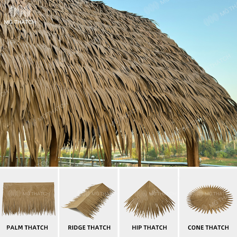100% Waterproof Fire Retardant Synthetic Roof Thatching Artificial Palm Leaves Palapa Roofing Thatch for Beach Resort Hotel