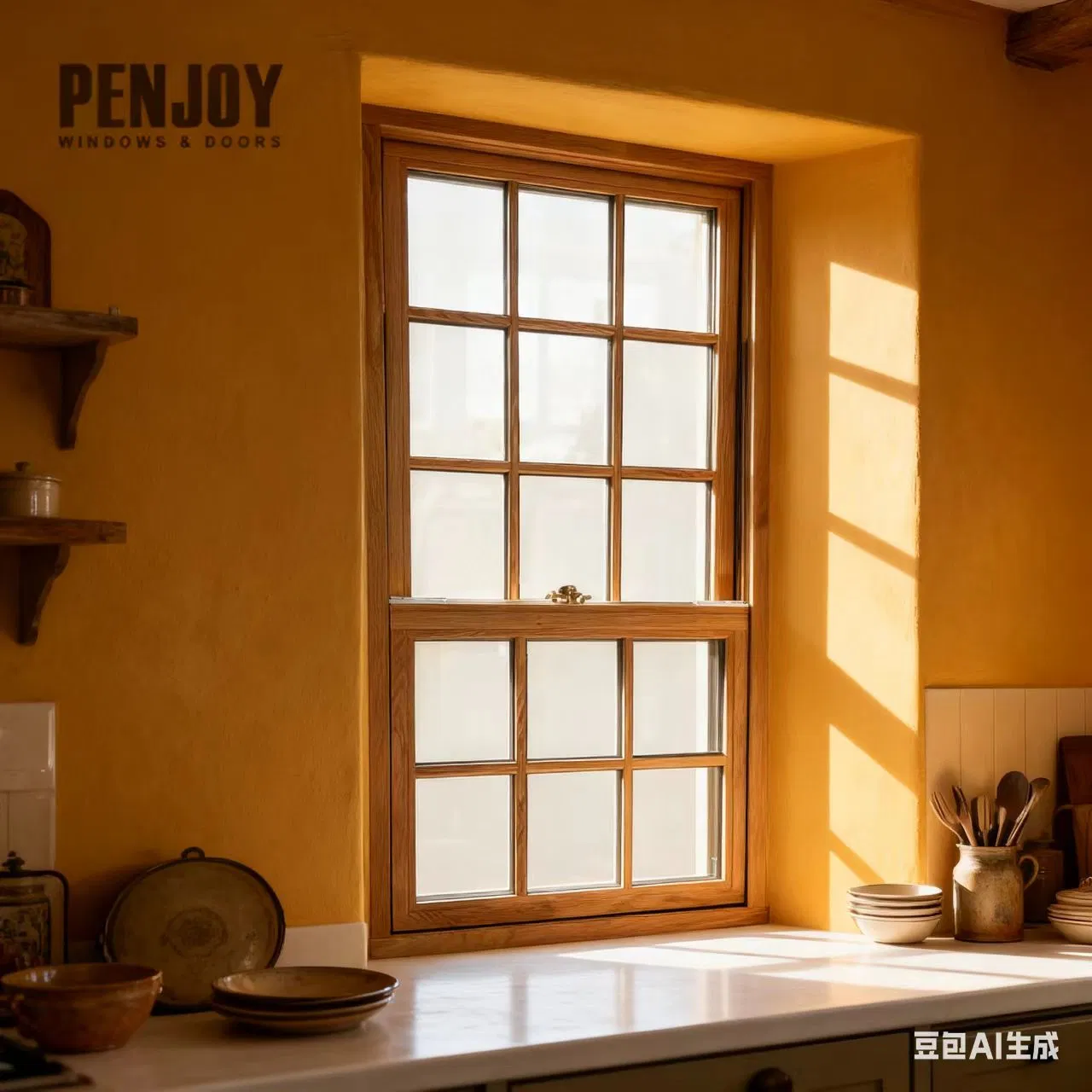 Penjoy Building Timber Single Wooden Sash Wood Hung Window Solid Wooden Windows