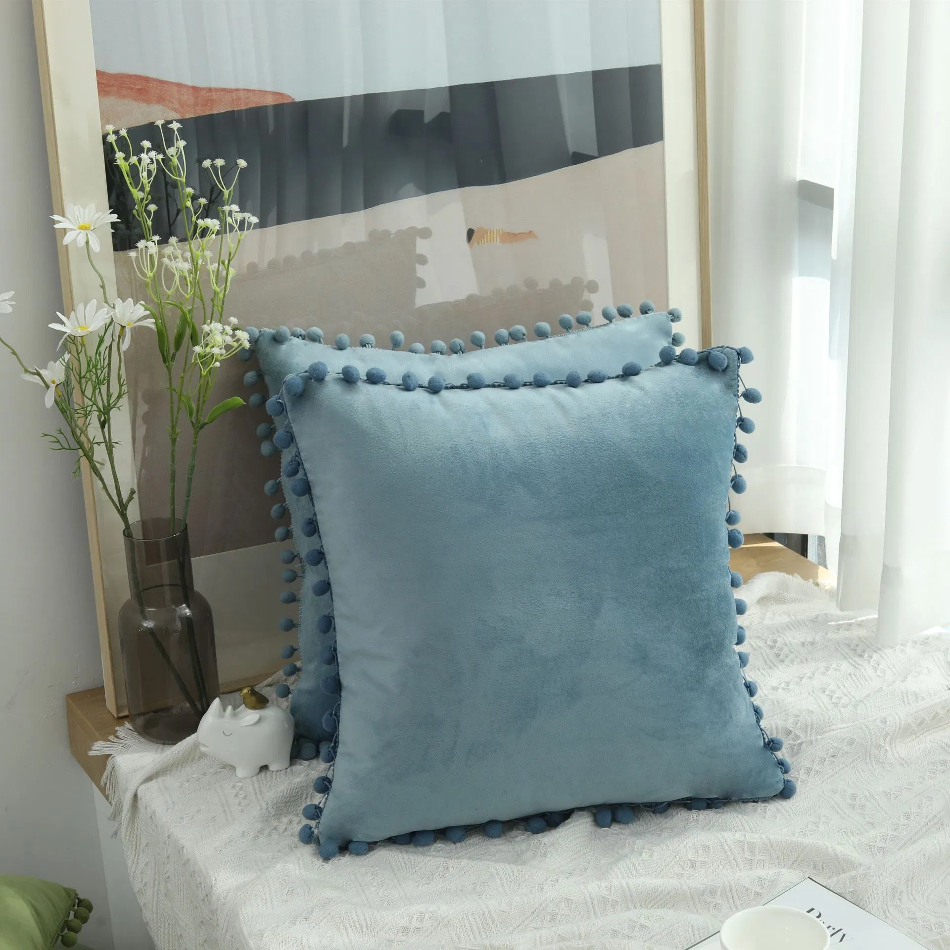 Decorative Throw Pillow Covers with Cute POM POM, Square Soft Cushion Covers
