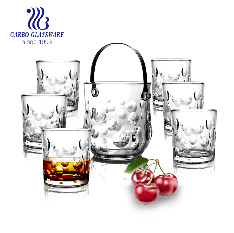 Stock Engraved Glass Ice Bucket with Metal Handle Clip Whisky Cups Sets with Ice Stone Drinking Glassware Buckets Sets
