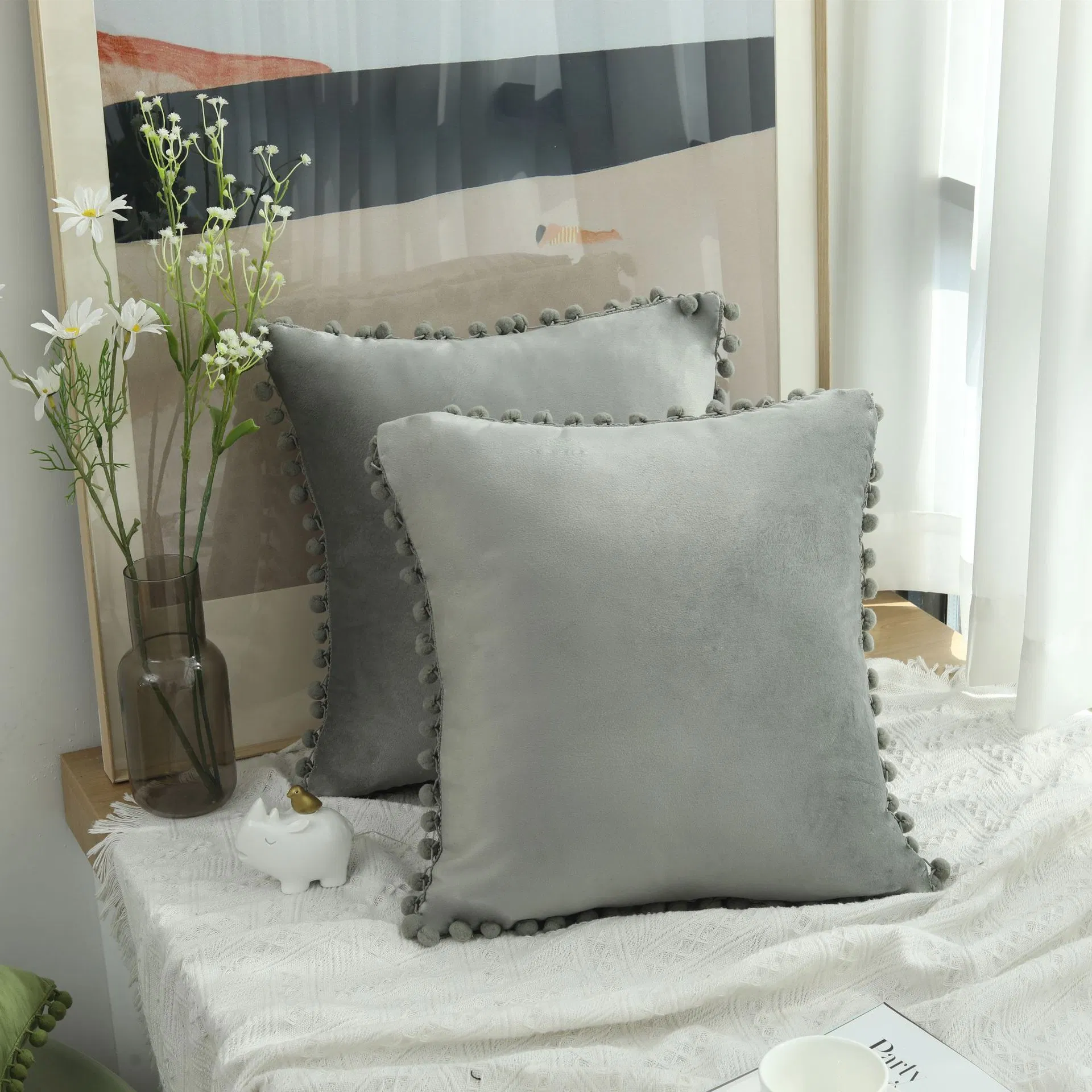 Throw Pillow Covers POM POM 18X18 Set of 2, Decorative Pillow Cases Bed Sofa Couch