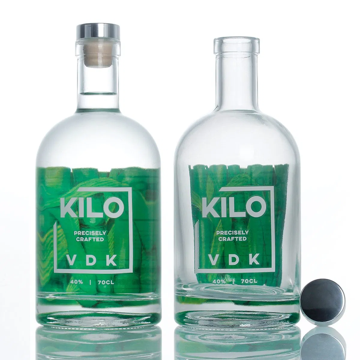 High-End Green Silk Screen Printing Double-Sided Decals Flint Round Spirit Liquor Alcohol Glass Bottle