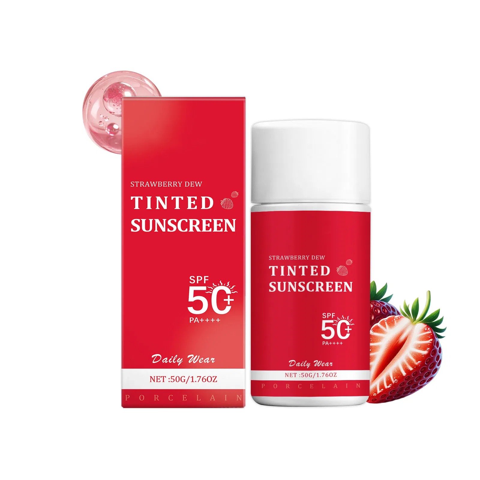 Wholesale Sunscreen with Tint Evens Skin Tone Broad Spectrum SPF 50 Niacinamide Zinc Private Label Strawberry Tinted Sunscreen