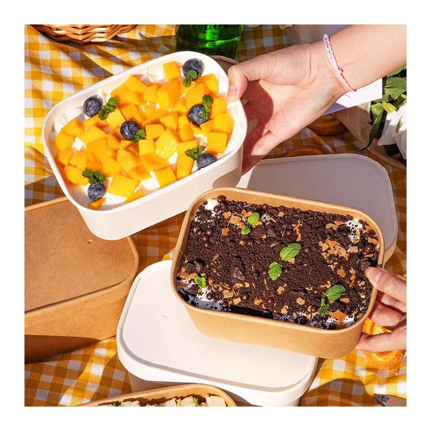 Custom Logo Printed Rectangle Food Packing Kraft Containers Square Round Food Grade Greaseproof Salad Fruit Dessert Sushi Takeaway Paper Bowl