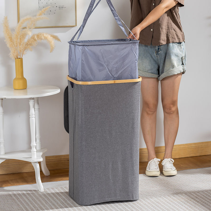 a Folding Bamboo Household Basket with a Lid and an Inner Bag for Storing Laundry Baskets