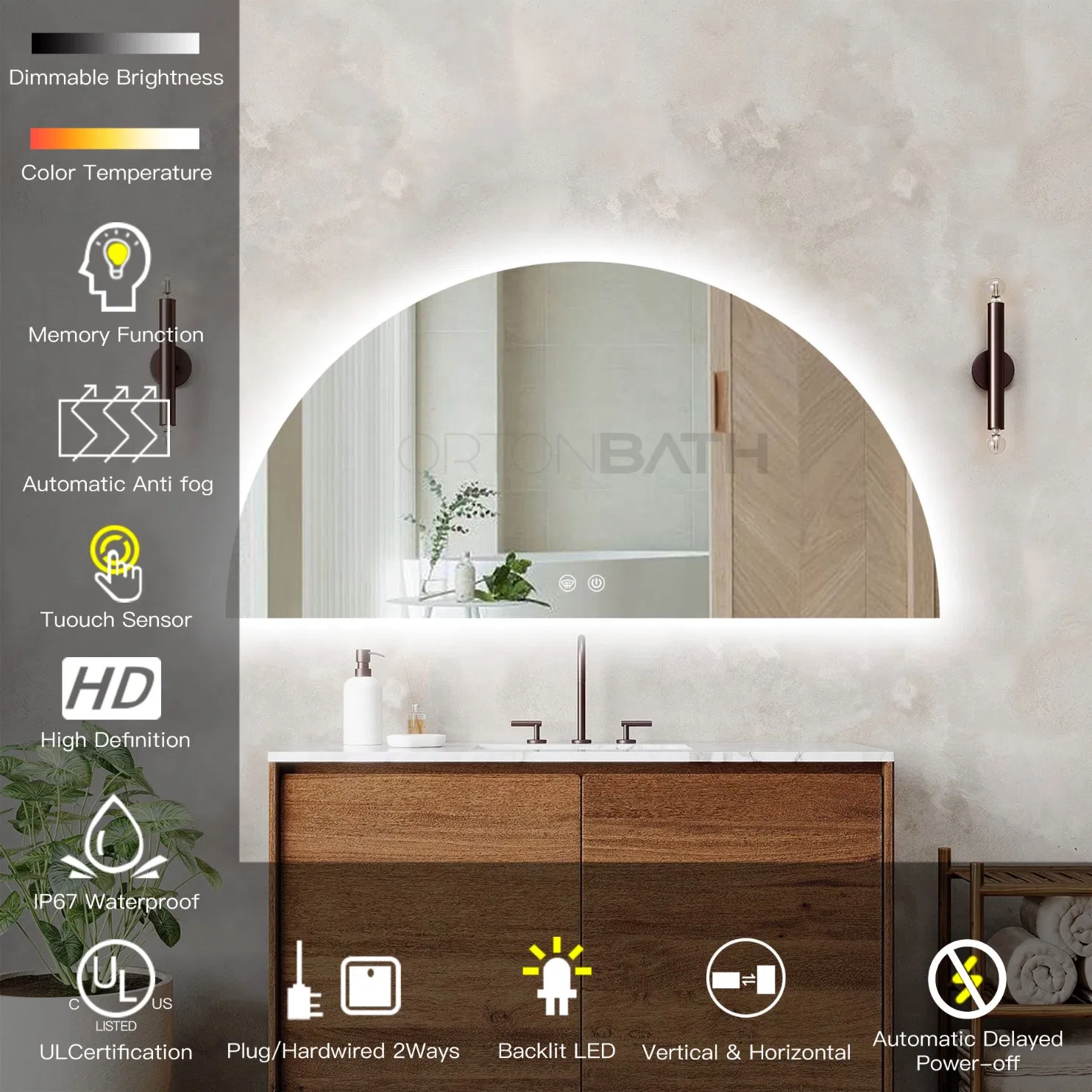 Ortonbath Backlit Lighted Bathroom Mirror for Wall, Anti-Fog, 3 Color Dimmable, Smart LED Vanity Mirror, 40" Half Moon HD Makeup Mirror for Home Hotel Decor