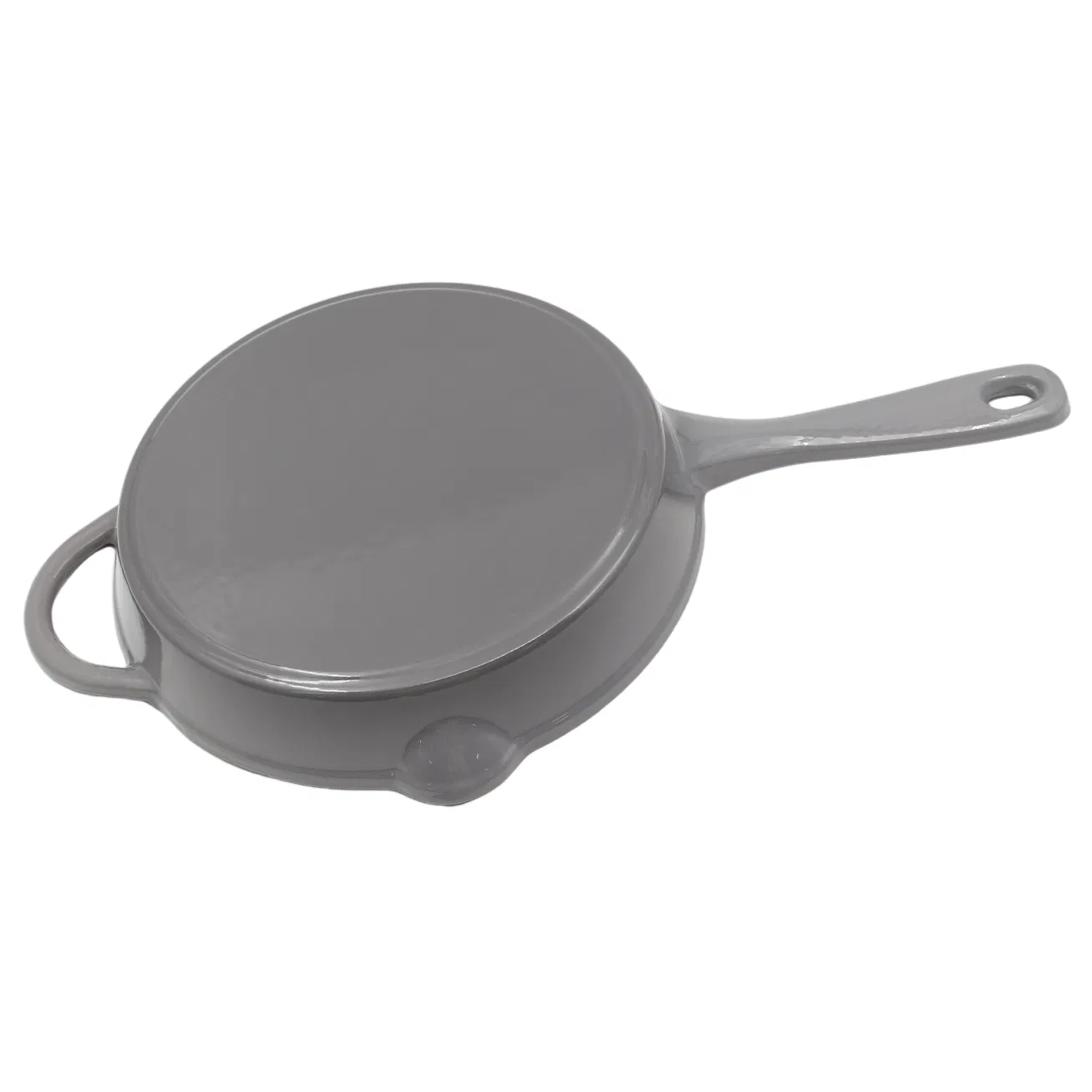 Colorful Enameled Cast Iron Frying Pan with Dual Spouts and Helper Handle for Searing Skillet