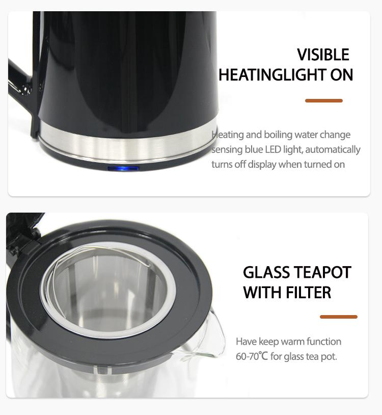 2-in-1 Glass Electric Kettle with Tray Set Side by Side Tea Maker Samovar Electric Kettle Perfect for Turkish Tea
