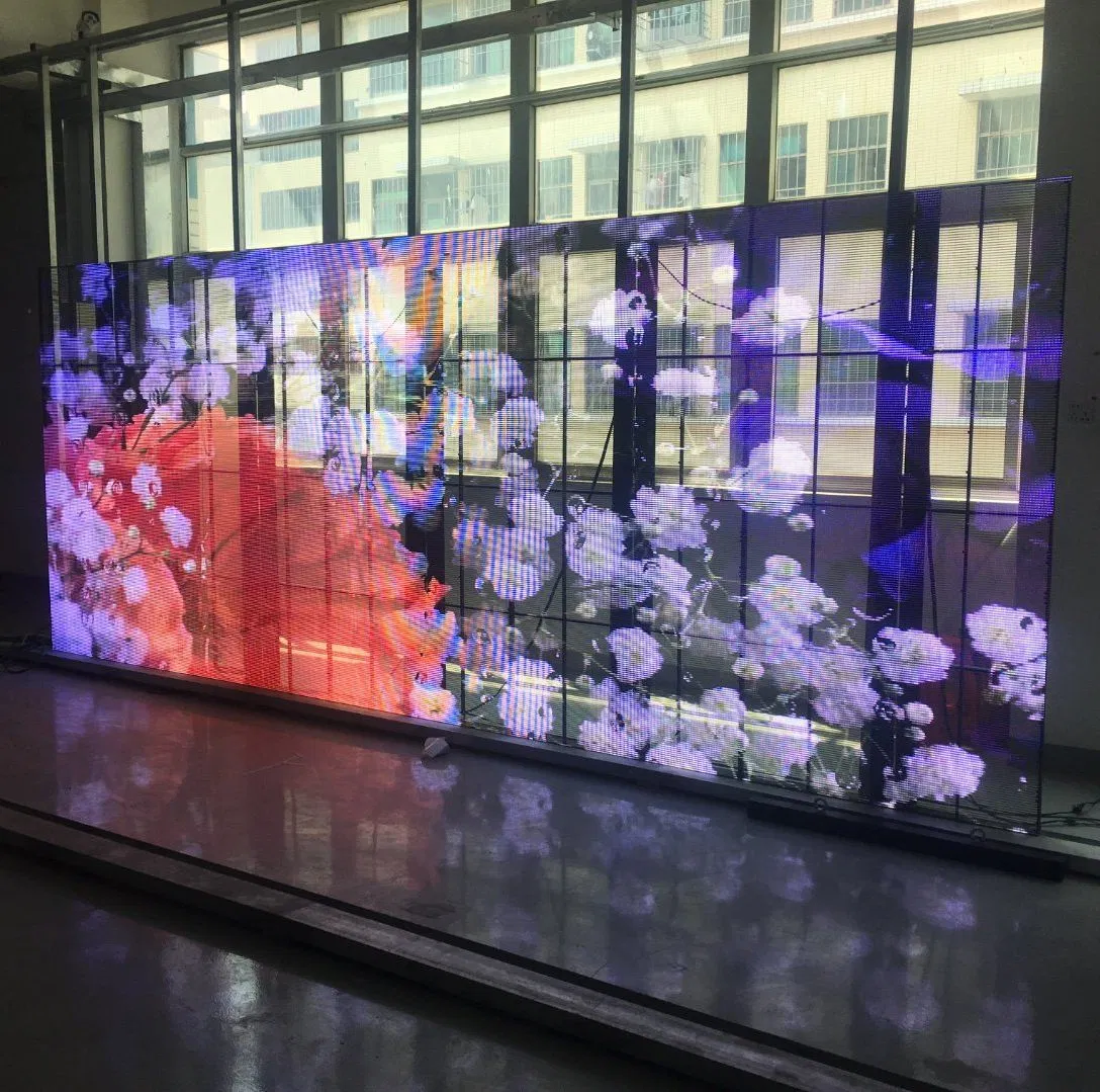 China Full Color HD Advertising Curtain Window Screen Panel P3.91-7.81 Transparent LED Display