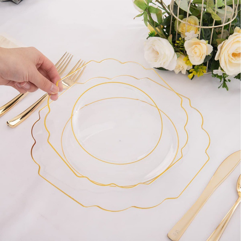 175PCS Disposable 25 Guests Luxury Plastic Plates Disposable Party Black Gold Color Disposable Plate Set