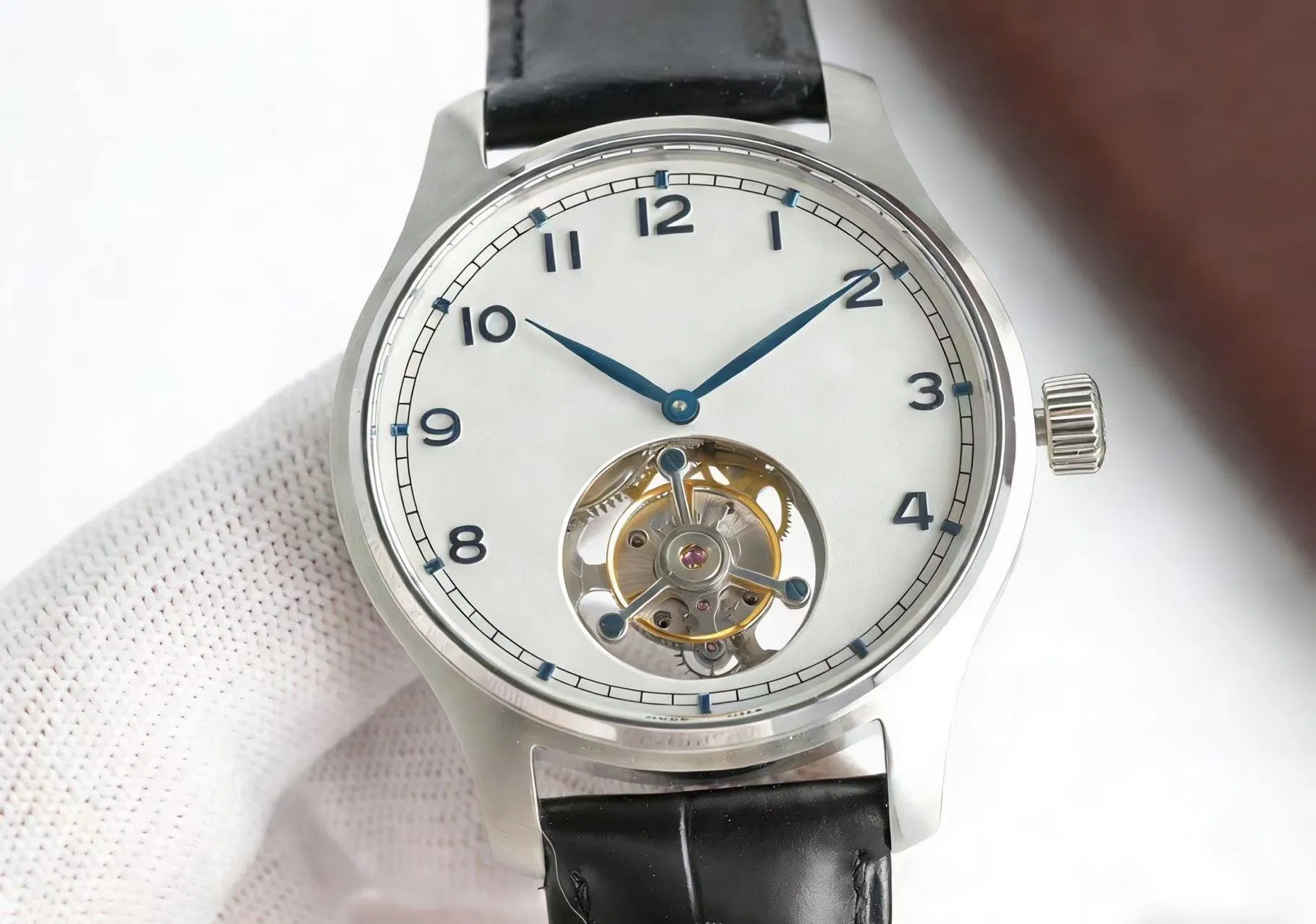 Exquisite Detail Premium Clone Watch Stainless Steel Case, White Dial, Tourbillon and Leather Strap