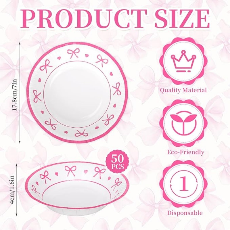 Brighthomey Pink Bow Heart Paper Bowls 16 Oz Coquette Bowknot Party Bowls