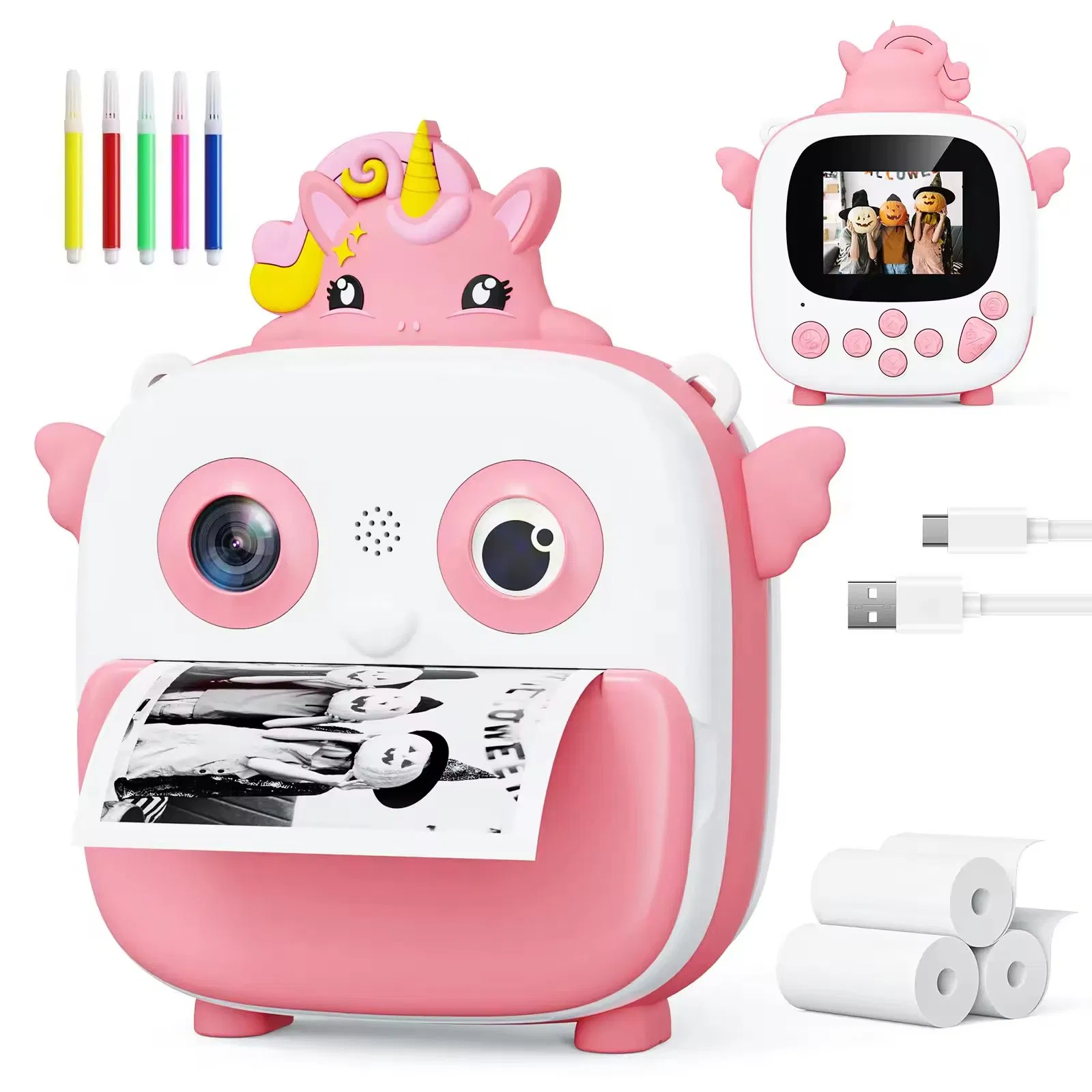 China New IPS Screen Children Digital Toy Lovely Shape Cartoon Unicorn Photo Video Instant Printing Kids Camera Pink for 4-8year