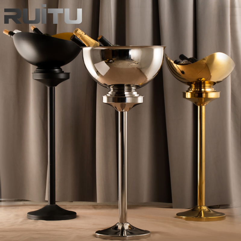 Stainless Steel Champagne Ice Bucket with Stand Outdoor Black Silver Gold Color Party Wine and Beer Floor Ice Bucket Vertical Bracket Cooling Ice Bucket