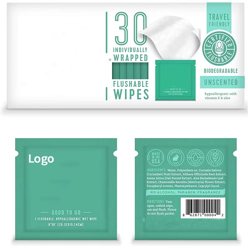 Custom Box Soft Biodegradable Bamboo Organic Single Piece Wet Toilet Wipes Flushable Portable Men's Care Individually Wrapped Wipes